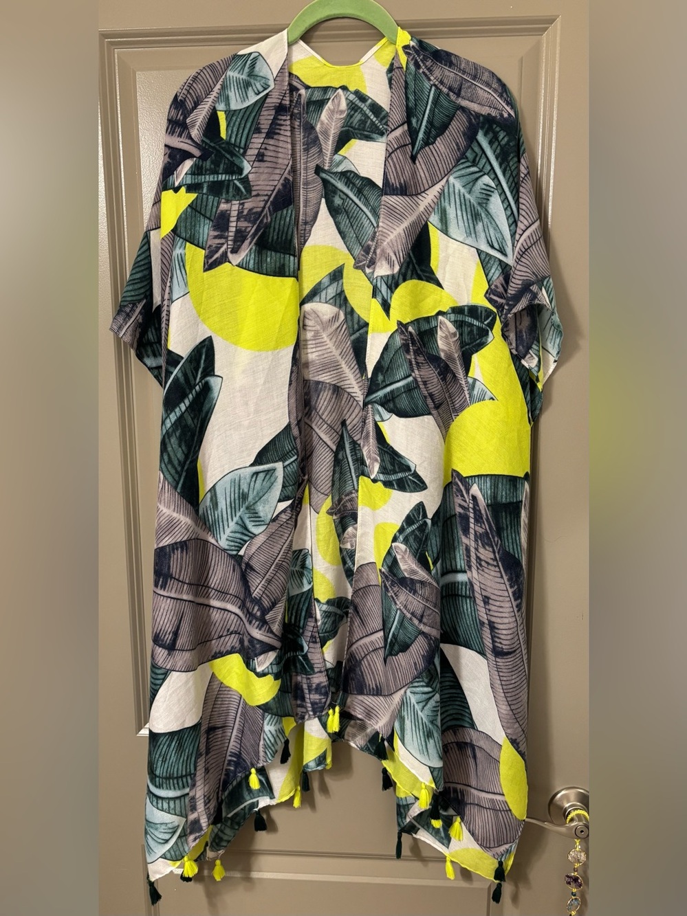 Tropical Leaf Print Kimono - Neon Yellow & Green